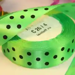 Лайм лента атласная 25мм, в горошек