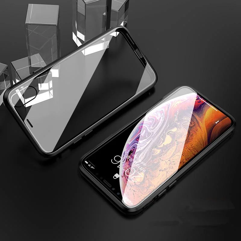 Черный магнитный металический чехол IPhone  эйпл стальной x xs xr 11 pro черный золотой серебряный серый стекло стеклянный