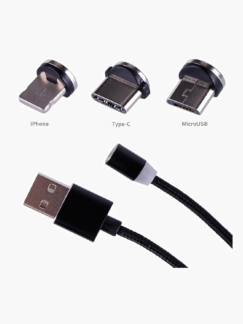 Серебряный магнитный кабель без разъема 3А, разъёмы MicroUSB, Type-C, Lightning для Андроид, iPhone