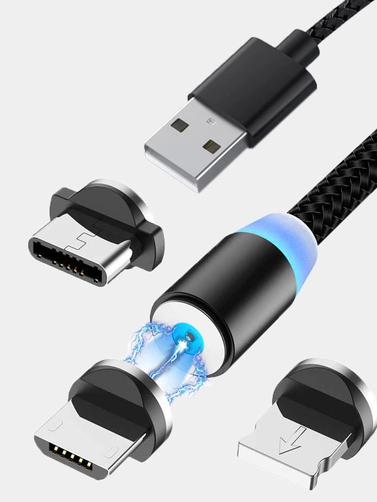 Магнитный кабель с коннектором для зарядки телефона Lightning iPhone/micro-USB/Type-C