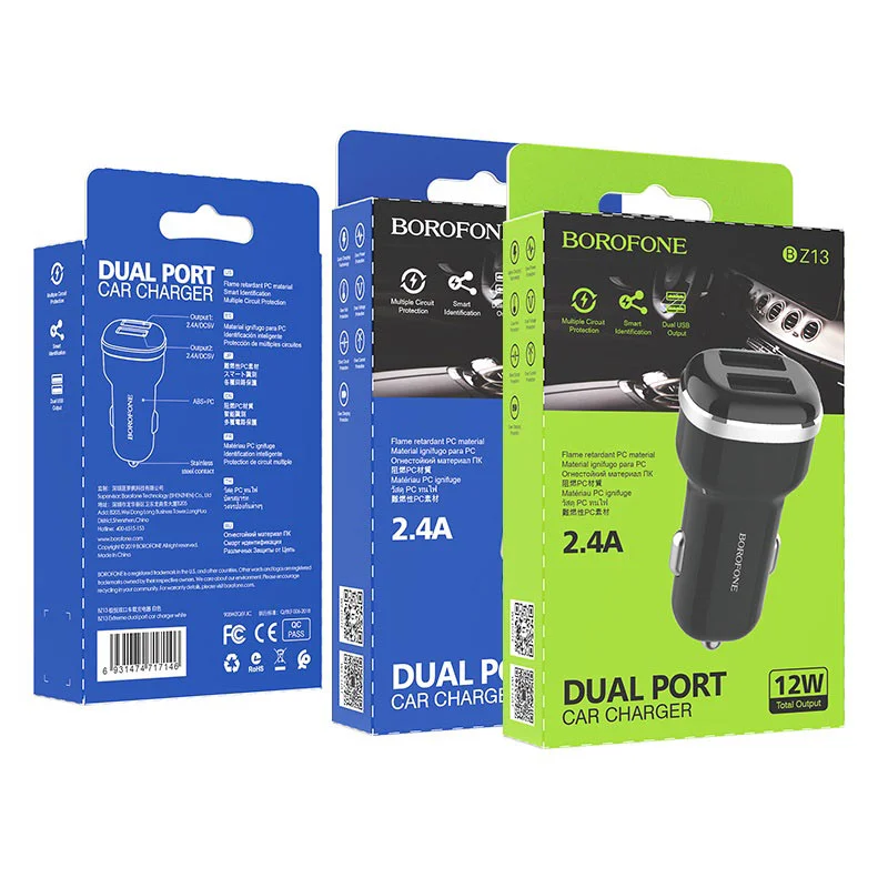 Черный автомобильное зарядное устройство Borofone BZ13 Extreme с 2 USB портами, 2.4А, 5V