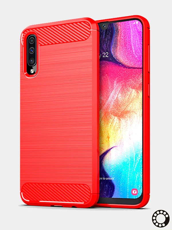 Красный чехол Samsung A50 / A30S имитация под карбон и металл