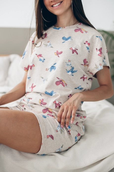 Пижама женская “Птички” Tolstoywear, бежевая, 100% хлопок