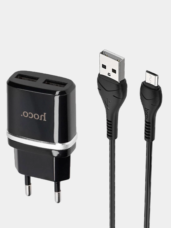 Зарядное Устройство на 2 USB + кабель micro USB Hoco c12