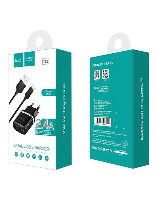 Зарядное Устройство на 2 USB + кабель micro USB Hoco c12