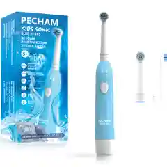 Детская электрическая зубная щетка PECHAM Kids Sonic Blue, 2 насадки, 2 батарейки АА в комплекте