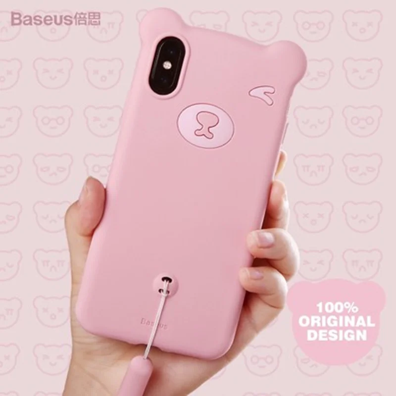 Коричневый чехол Baseus Bear Silicone Case Apple iPhone X, XS, XS Max с ремешком