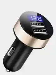 Золотой автомобильное зарядное устройство с двумя USB выходамии с индикацией напряжения  12V-24V