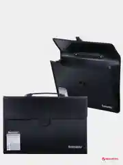 Портфель пластиковый BRAUBERG А4+, 3 отделения, с окантовкой, фактура линейная, черный, 221389