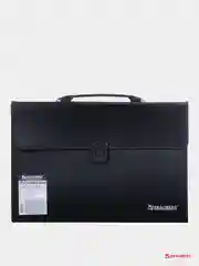 Портфель пластиковый BRAUBERG А4+, 3 отделения, с окантовкой, фактура линейная, черный, 221389