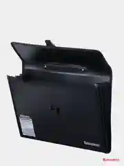 Портфель пластиковый BRAUBERG А4+, 3 отделения, с окантовкой, фактура линейная, черный, 221389