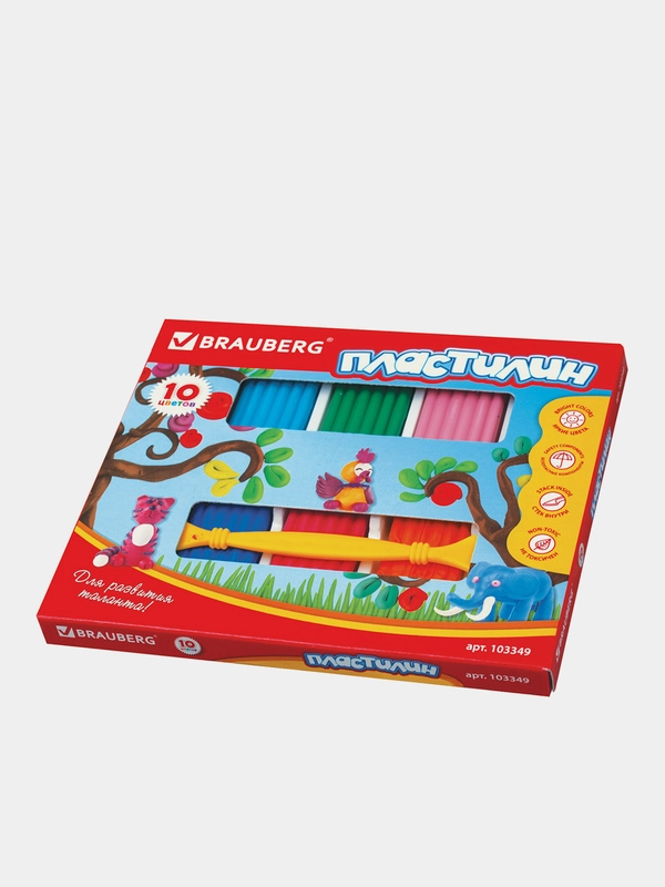 Пластилин классический BRAUBERG 10 цветов, 250 г, со стеком