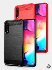 Красный чехол Samsung A50 / A30S имитация под карбон и металл