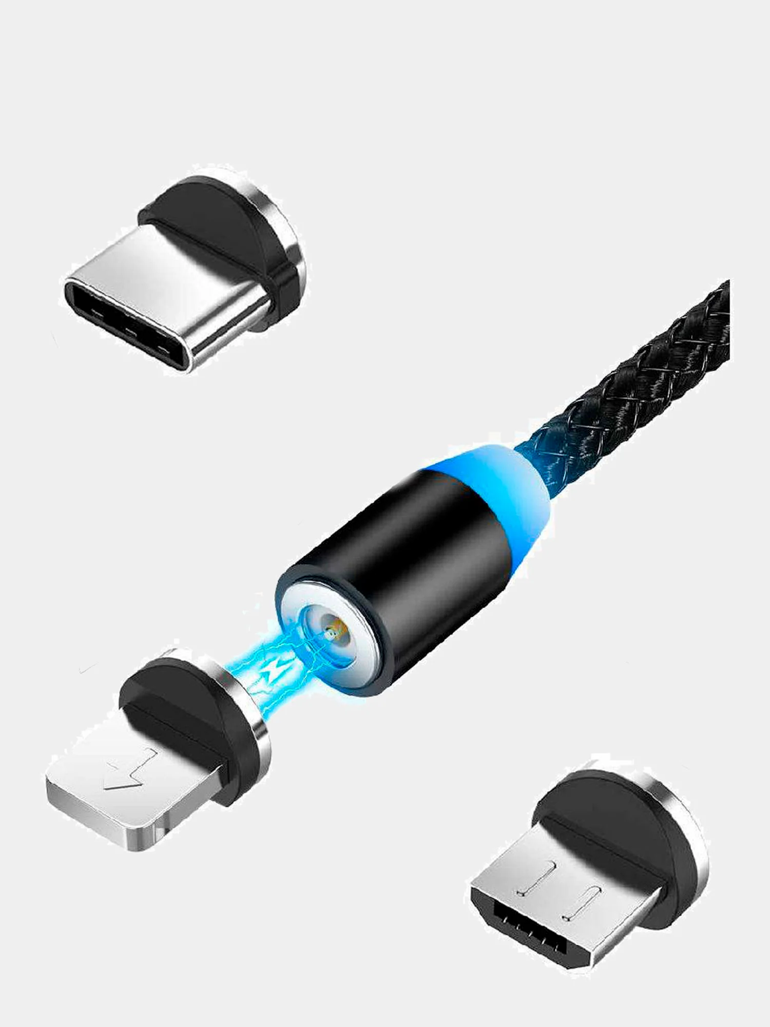 Серебряный магнитный кабель без разъема 3А, разъёмы MicroUSB, Type-C, Lightning для Андроид, iPhone