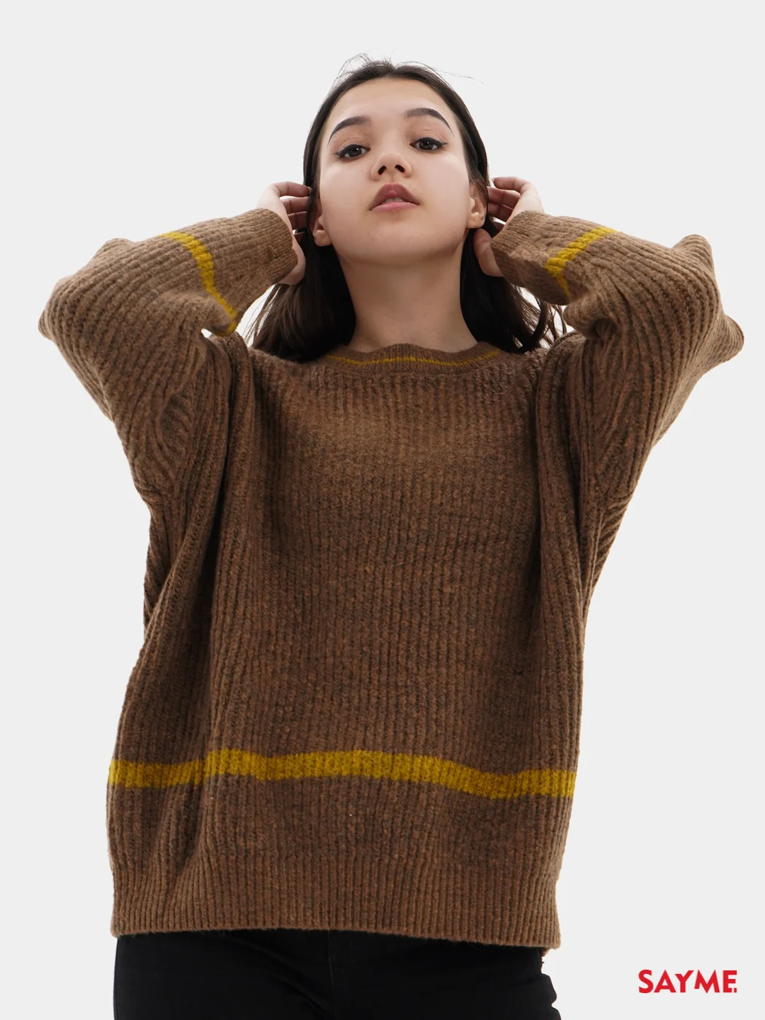 Коричневый женский вязаный свитер с полосками Knit