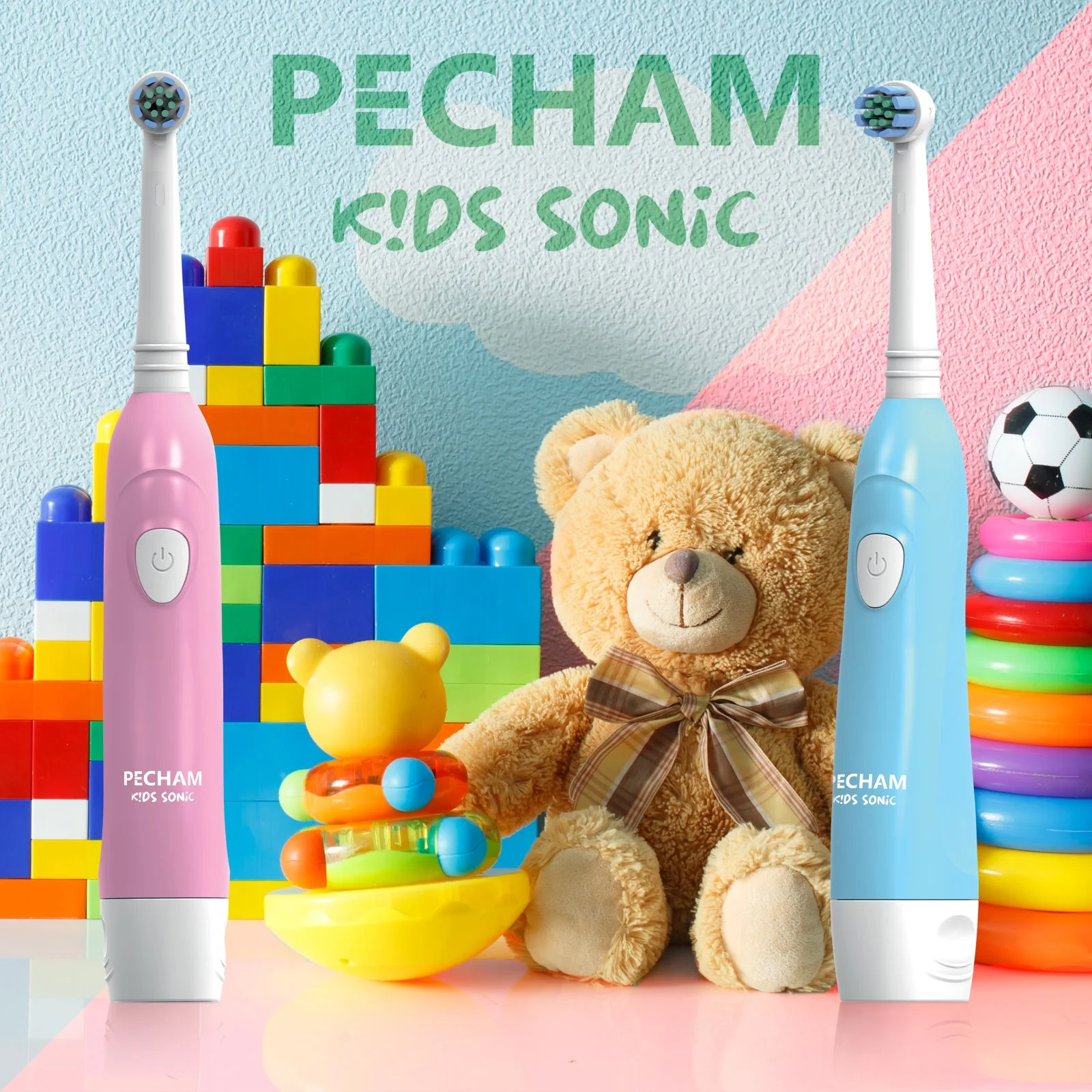 Детская электрическая зубная щетка PECHAM Kids Sonic Pink 5+, 2 насадки, 2 батарейки АА