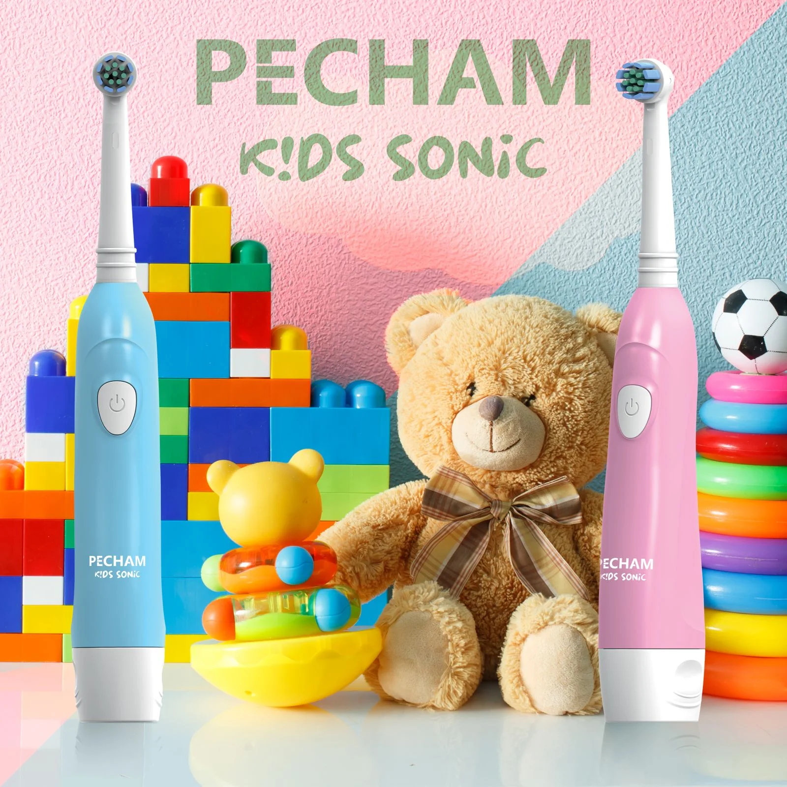 Детская электрическая зубная щетка PECHAM Kids Sonic Blue, 2 насадки, 2 батарейки АА в комплекте