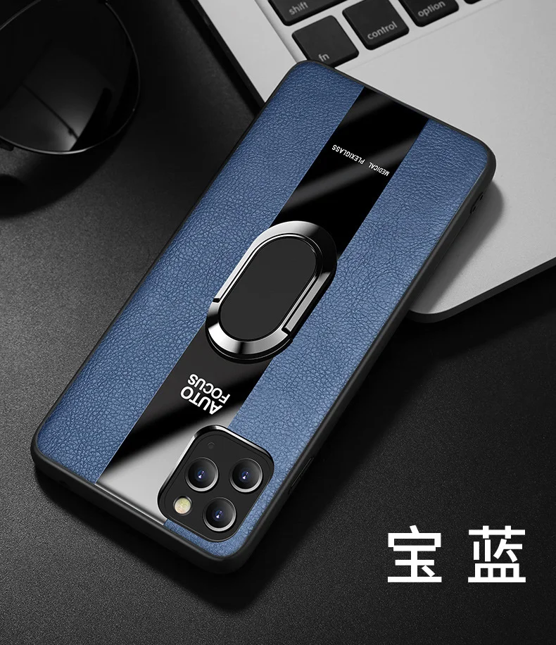 Синий чехол для Айфон в стиле Porsche из TPU c вставками из кожи и магнитом подставкой Phone