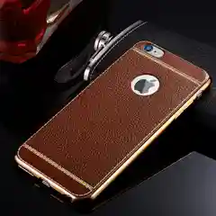 Чехол для Айфон из мягкого TPU с покрытием под кожу в золотой рамке для iPhone