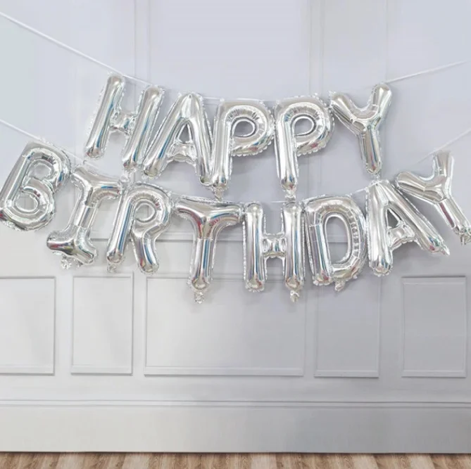 Серебряный воздушные шары "Happy Birthday". Фольгированный