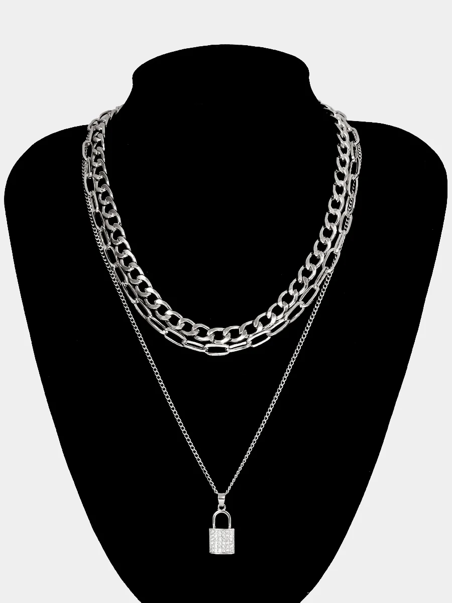 Серебряный цепь многослойная, с замком, инкрустация стразами