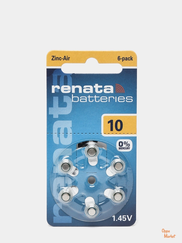 Батарейки Renata 10, 10A, P10, PR10H, PR230H, PR36, PR70, ZA10 для слуховых аппаратов 6шт