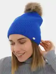 Синий шапка, натуральный помпон