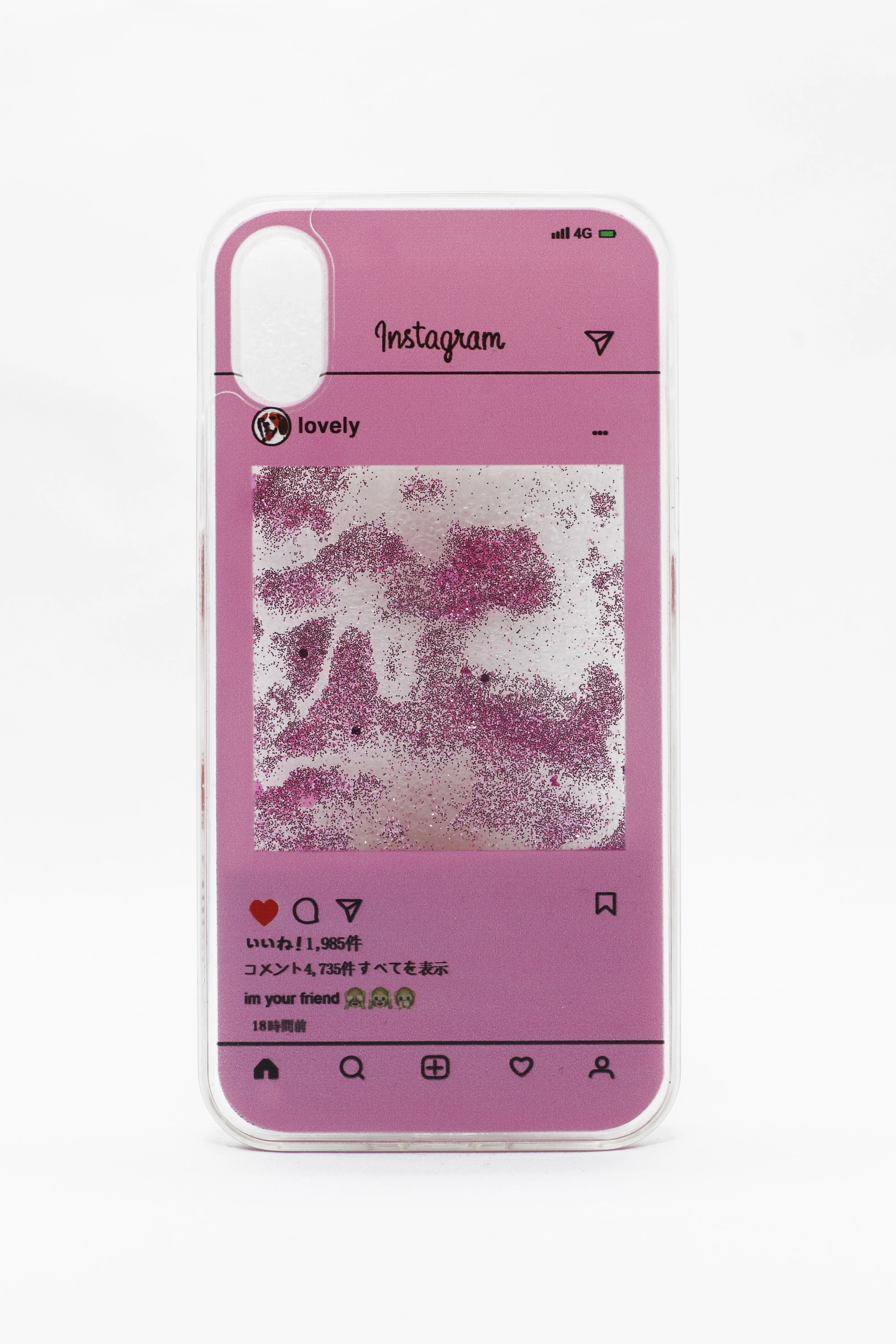 Розовый силиконовый чехол "Окошко инстаграм" для iPhone, с блестками