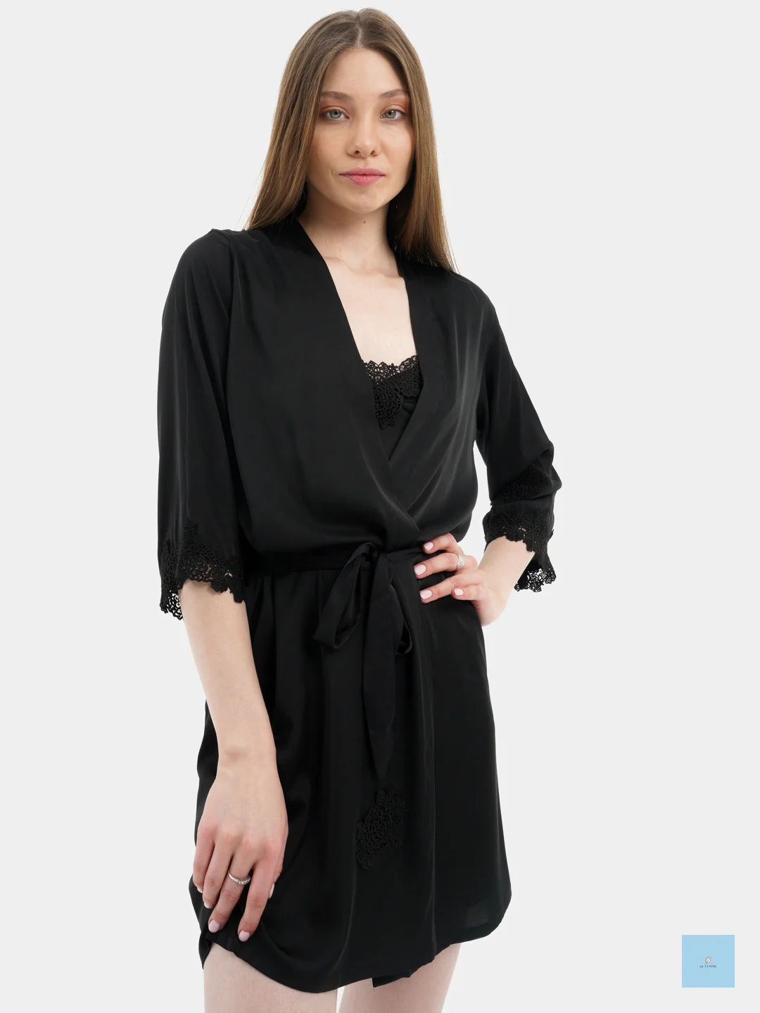 Черный атласная пижама LaFemme, 4 предмета