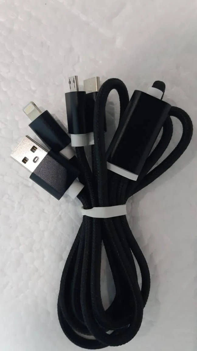 Кабель USB Lightning - Micro-USB - Type-C, 3 в 1, плетеный черный