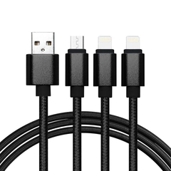 Кабель USB Lightning - Micro-USB - Type-C, 3 в 1, плетеный черный