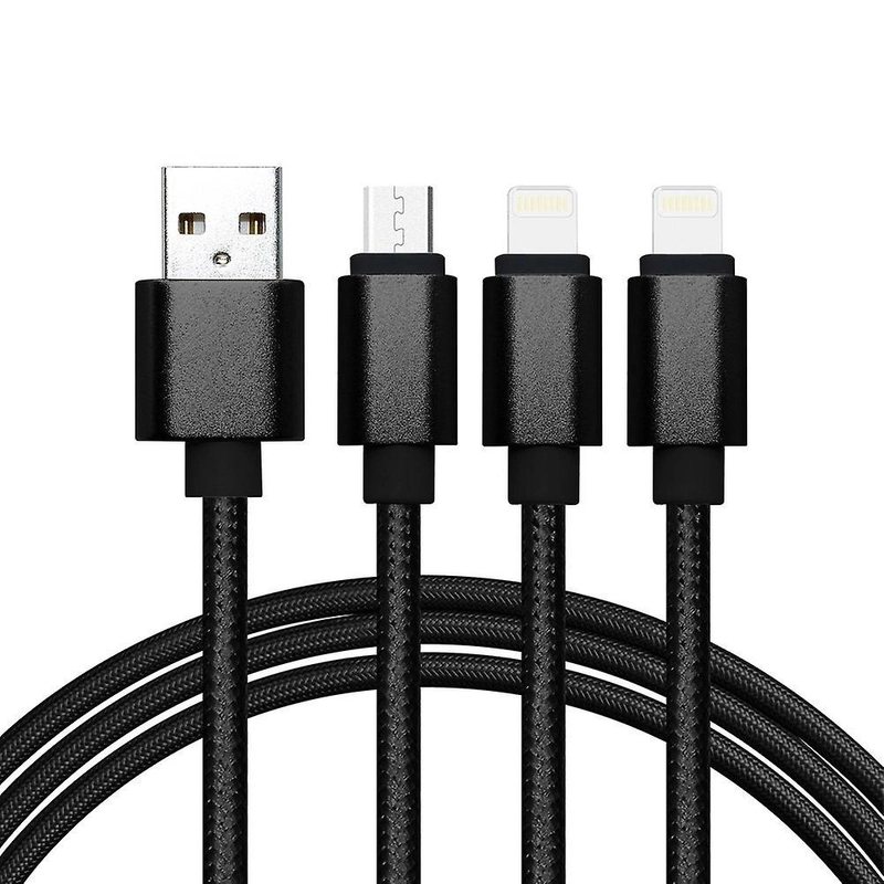 Кабель USB Lightning - Micro-USB - Type-C, 3 в 1, плетеный черный