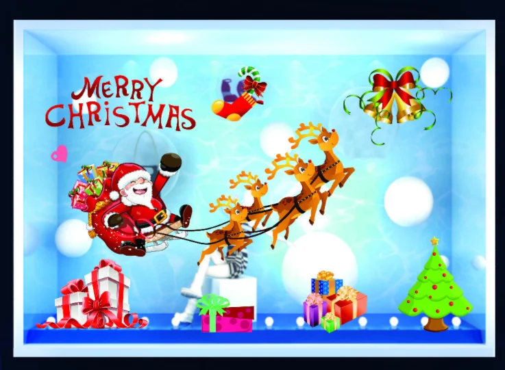 Голубой статические новогодние наклейки на окна "Merry Christmas"