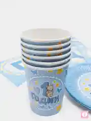 Голубой набор бумажной посуды "1 годик. Мишка" (стаканы, тарелки, колпаки, гирлянда)