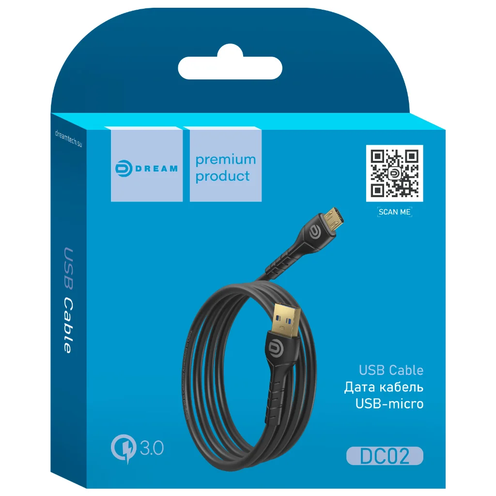Кабель Dream DC02 MicroUSB, QC3.0, 1 м, черный