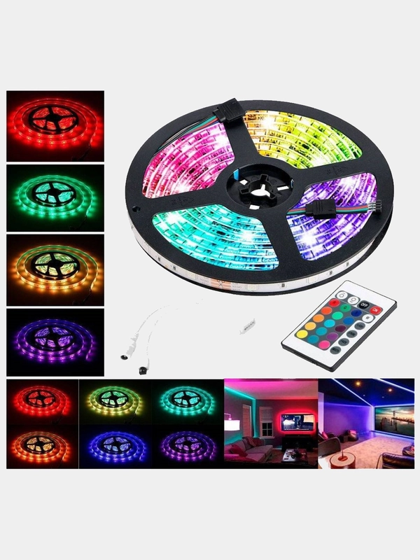 Светодиодная новогодняя лента с пультом, 5 метров, блок питания RGB и White белый цвет