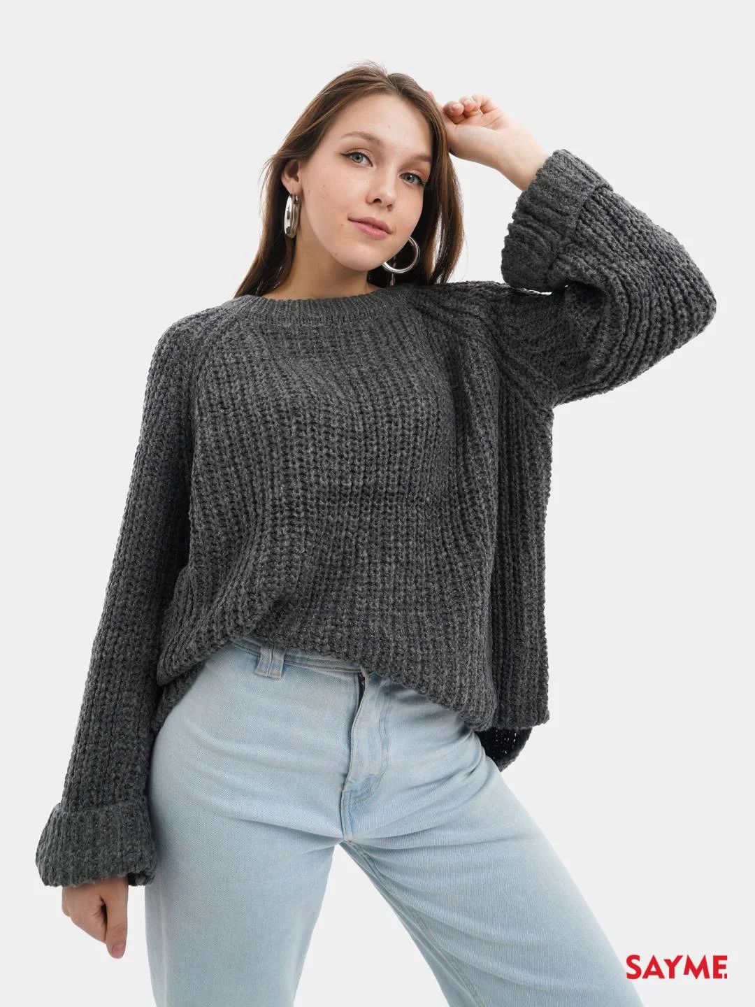 Угольный свитер вязаный оверсайз крупной вязки Knit