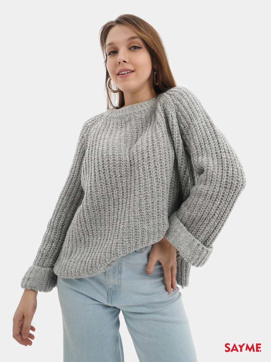 Серый свитер вязаный оверсайз крупной вязки Knit