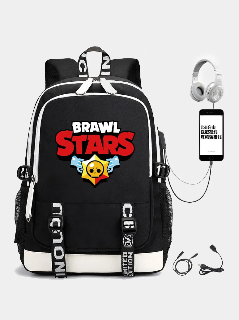 Черный рюкзак школьный Brawl Stars с USB, для мальчиков