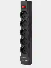 Сетевой фильтр-удлинитель, 5 розеток, 3 метра, 2 USB (2.1А), с заземлением, черный