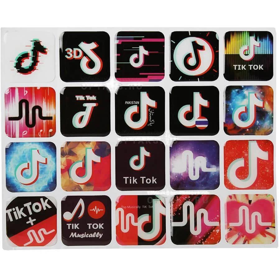 Серый 3d наклейки стикеры на телефон "TikTok", блистер 20 и 5 шт