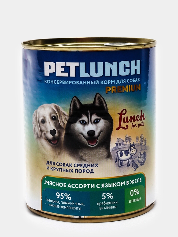 Корм для собак Lunch for pets Мясное ассорти с языком, кусочки в желе, консервы 850гр