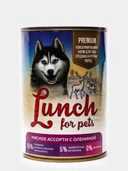 Корм для собак Lunch for pets, Мясное ассорти с олениной кусочки в желе консервы, 400 гр