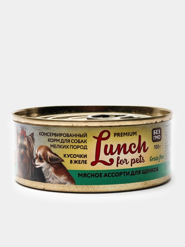 Корм для собак Lunch for pets мясное ассорти для щенков, кусочки в желе, консервы 100гр