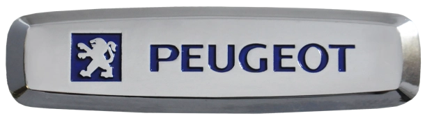 Комплект шильдиков металлических с эмблемой "PEUGEOT" и 4 винтовыми креплениями (Пара)