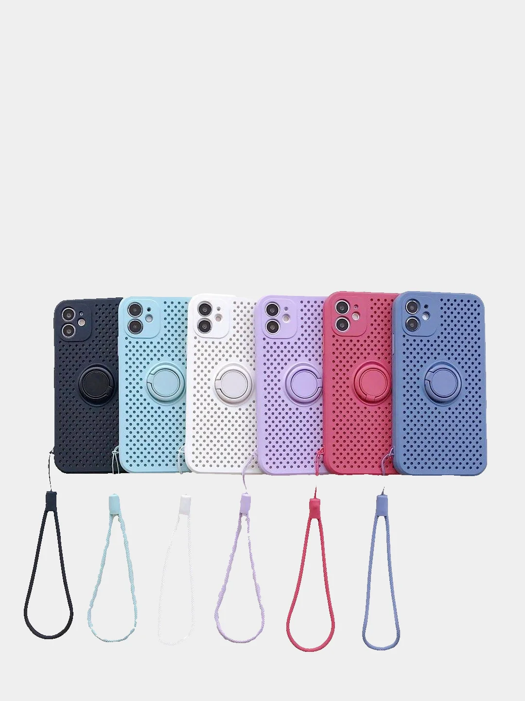 Чехол iPhone XR, 11, 12 Mini, 12 Pro Max из жидкого силикона, магнитным кольцом и шнурком