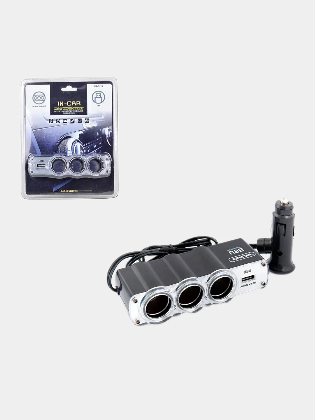 Разветвитель на 3 прикуривателя (1USB, 1A) WF-0120