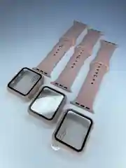 Бежевый силиконовый ремешок + защитная накладка со стеклом на корпус Apple Watch 40 mm