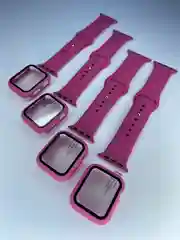 Фуксия силиконовый ремешок + защитная накладка со стеклом на корпус Apple Watch 40 mm