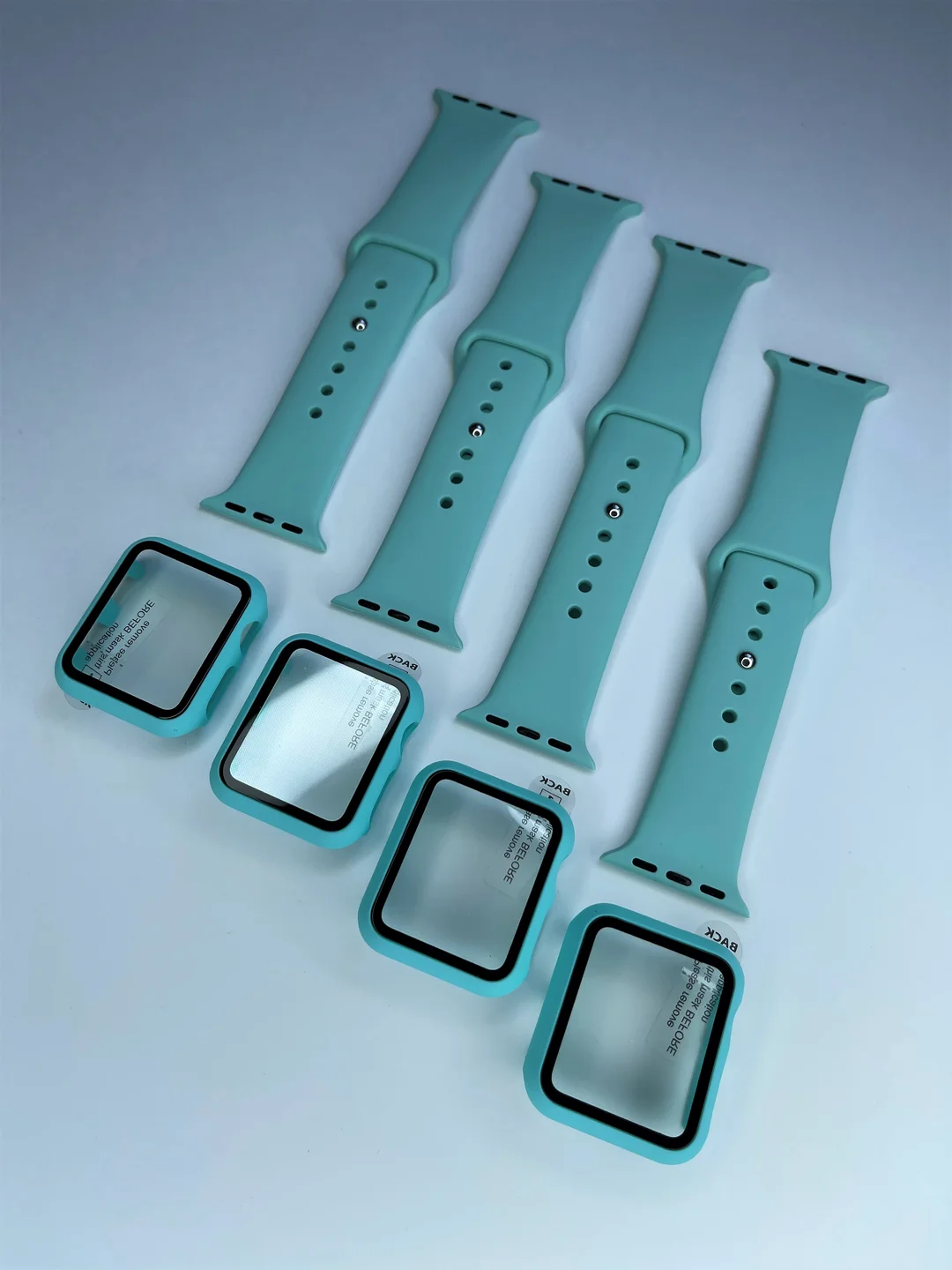 Бирюзовый силиконовый ремешок + защитная накладка со стеклом на корпус Apple Watch 38 mm